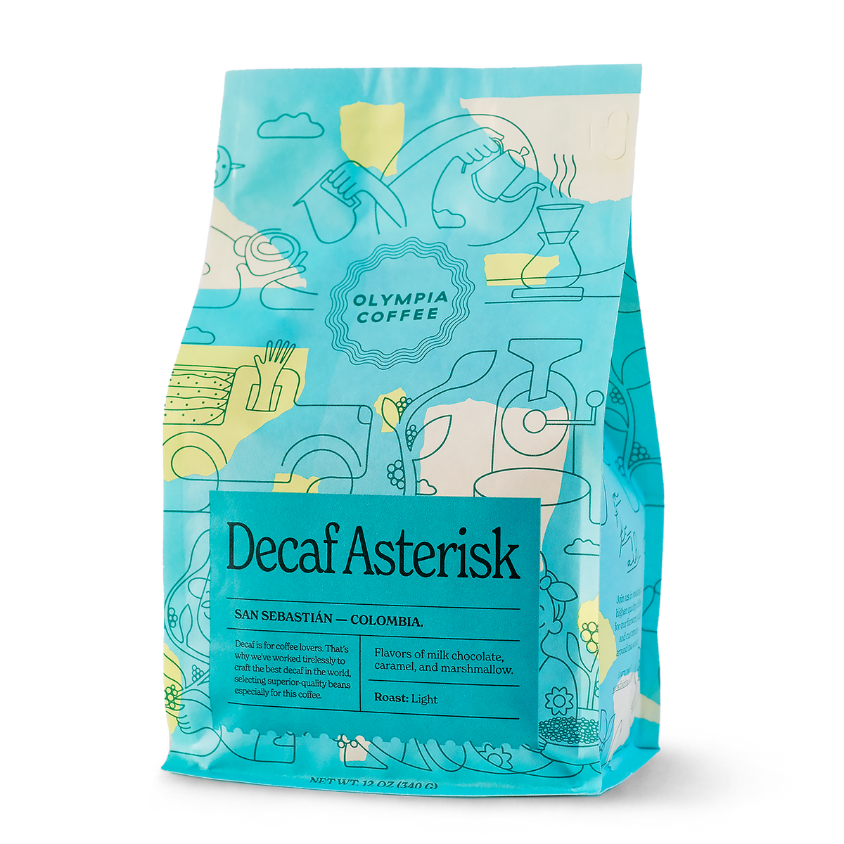 A blue Decaf Asterisk coffee bag by Olympia Coffee Roasting Company with Colombian art.