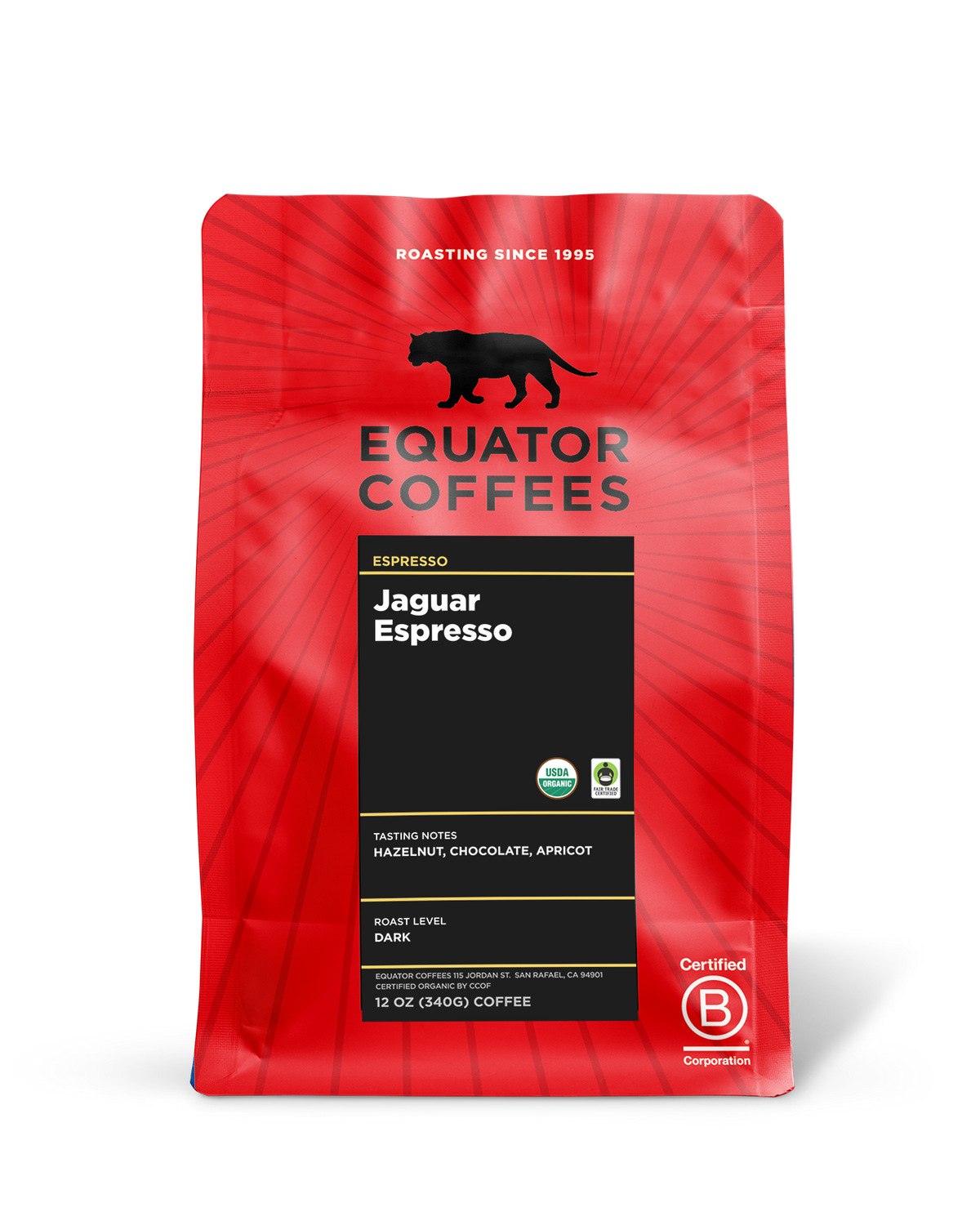 Red bag of Equator Coffees Jaguar Espresso with sun-dried coffee notes on the front.