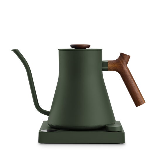 Fellow Stagg EKG Electric Kettle in Woodland + Walnut, fast-heating with matching base.