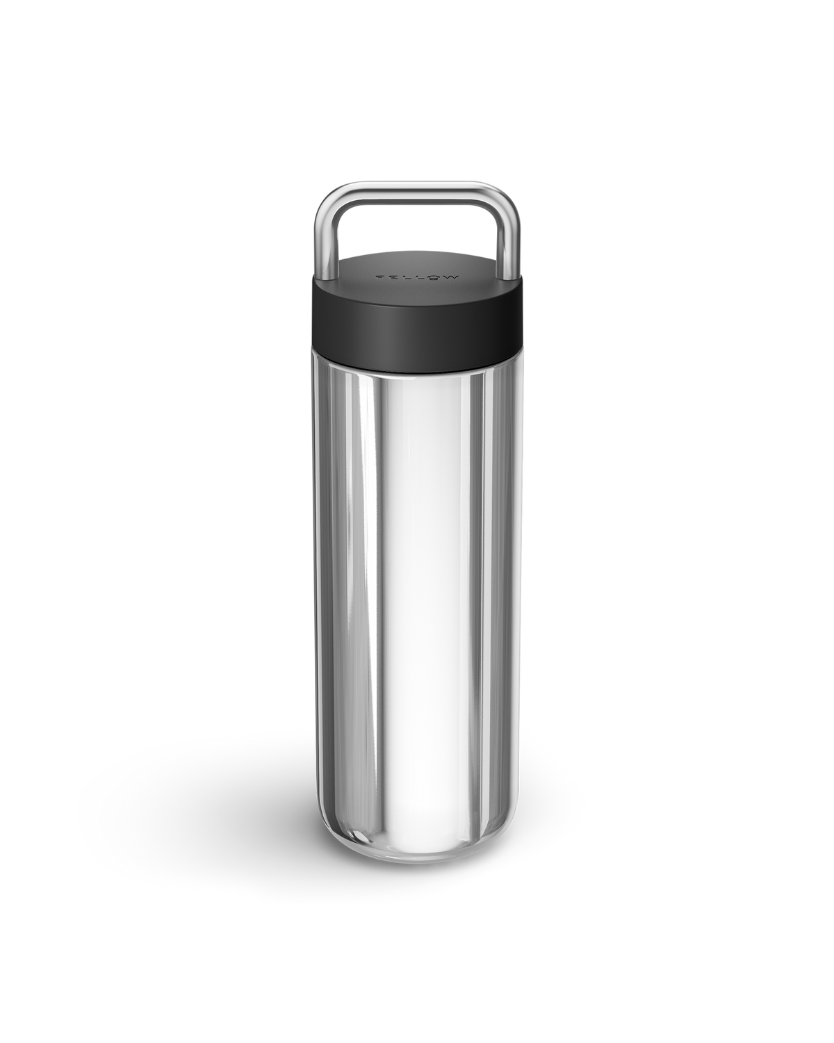 Fellow Carter Carry Travel Mug in Matte Black + Polished Steel with loop handle and black lid.