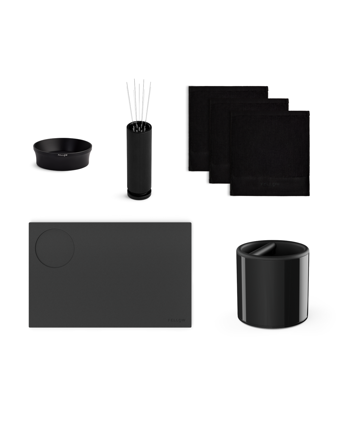 Fellow Enhanced Espresso Bundle: sleek black pen holder, tray, bowl, and cloths included.
