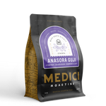 A Medici Roasting bag labeled Ethiopia Anasora Guji Natural, featuring Ethiopian coffee.