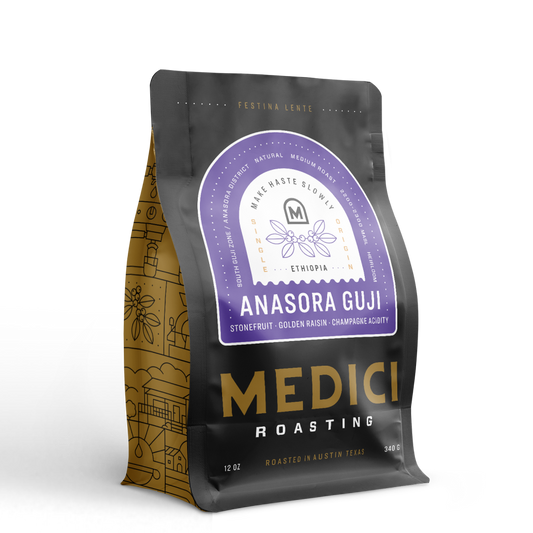 A Medici Roasting bag labeled Ethiopia Anasora Guji Natural, featuring Ethiopian coffee.