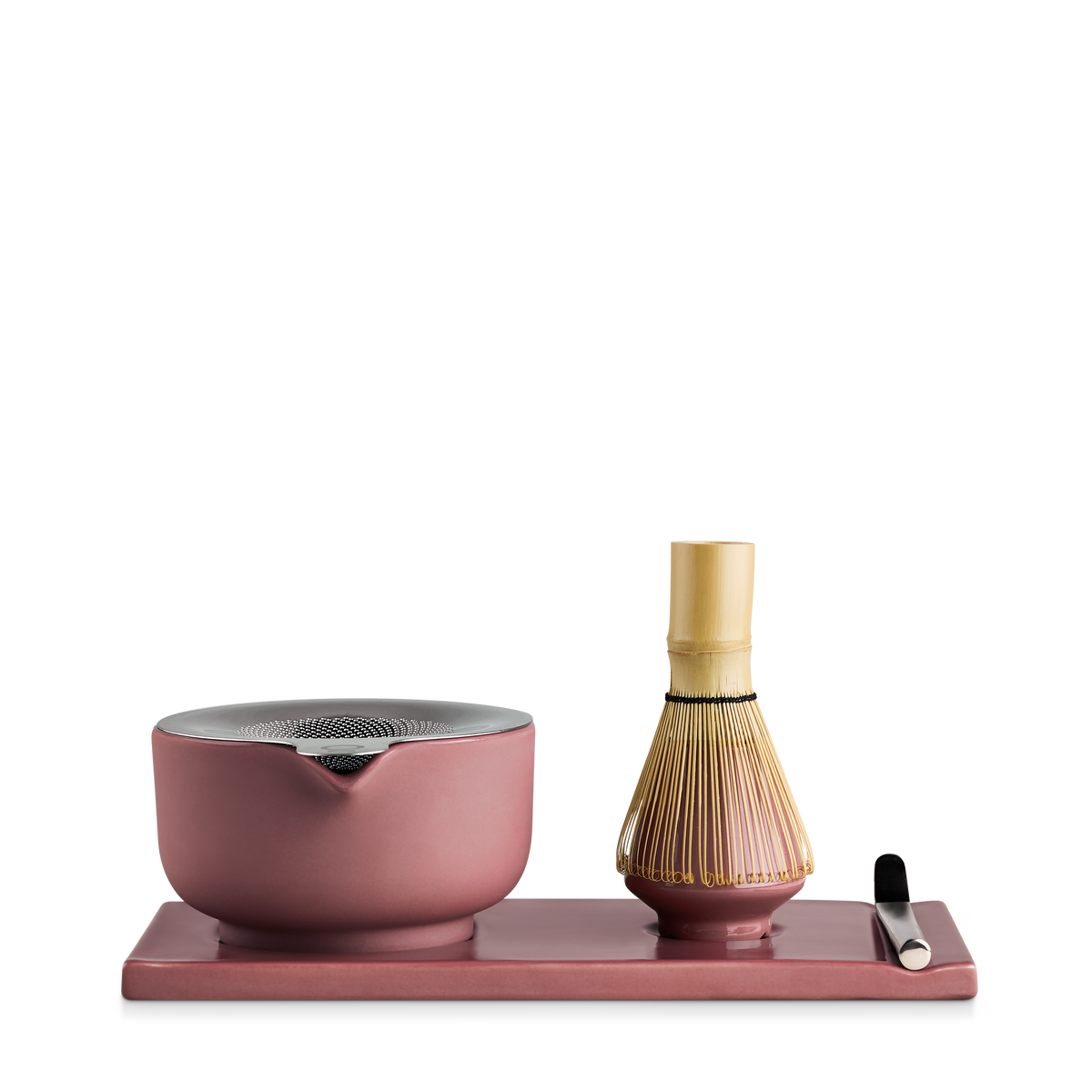 Fellow Matcha Set in Dusty Rose: ceramic bowl, bamboo whisk & spoon on matching tray.