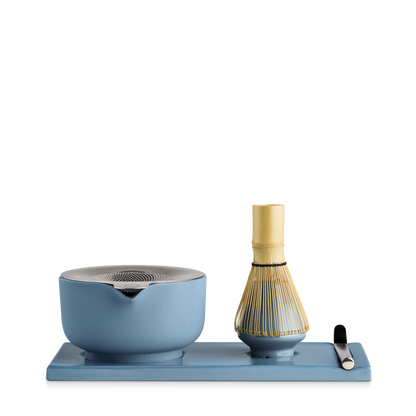 Fellow Matcha Set in Hazy Blue: bowl, whisk, scoop, strainer, and matching tray included.