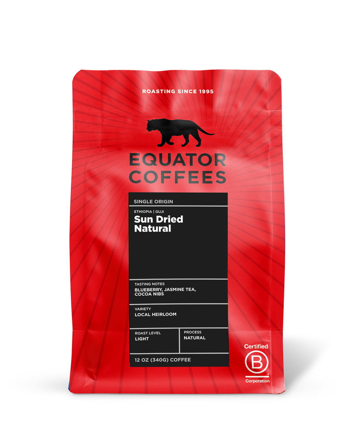 Equator Coffees’ Ethiopia Sun Dried Natural bag features a black panther logo.