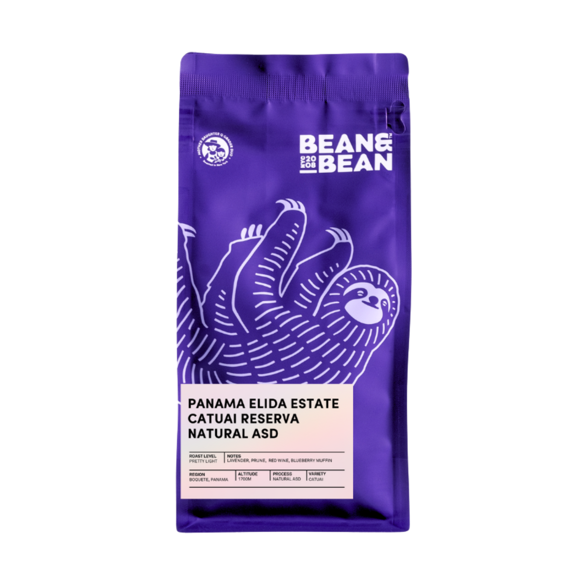 Purple coffee bag with a smiling sloth and Bean & Bean Panama Elida Estate label on front.