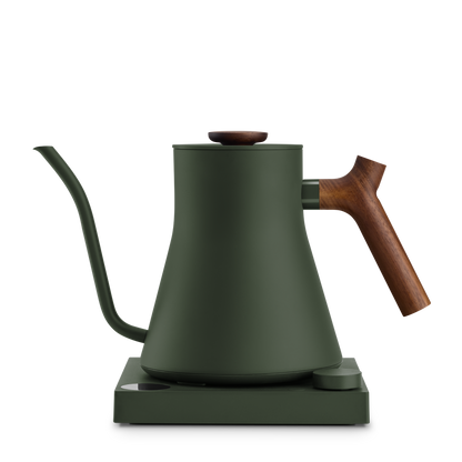 Fellow Stagg EKG Electric Kettle in Woodland + Walnut, fast-heating with matching base.
