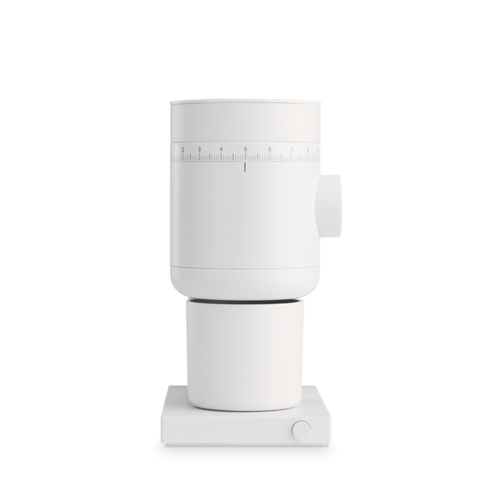 Fellow Opus 2 Conical Burr Grinder in matte white, with measurement markings on the base.