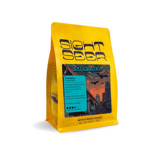 Yellow bag of Sightseer Coffee Bat Country washed Ethiopian coffee with colorful label.
