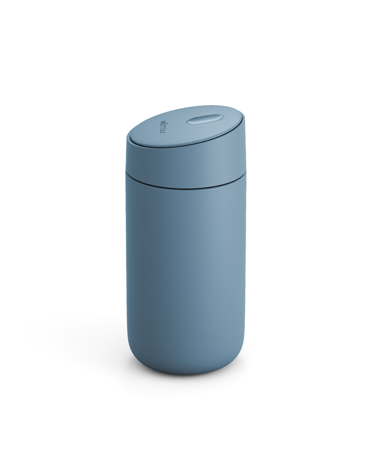 Fellow Carter Slide Mug in matte blue with rounded shape and matching lid, on white background.