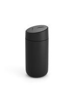 Fellow Carter Slide Mug—matte black, cylindrical, rounded lid, shown on white background.