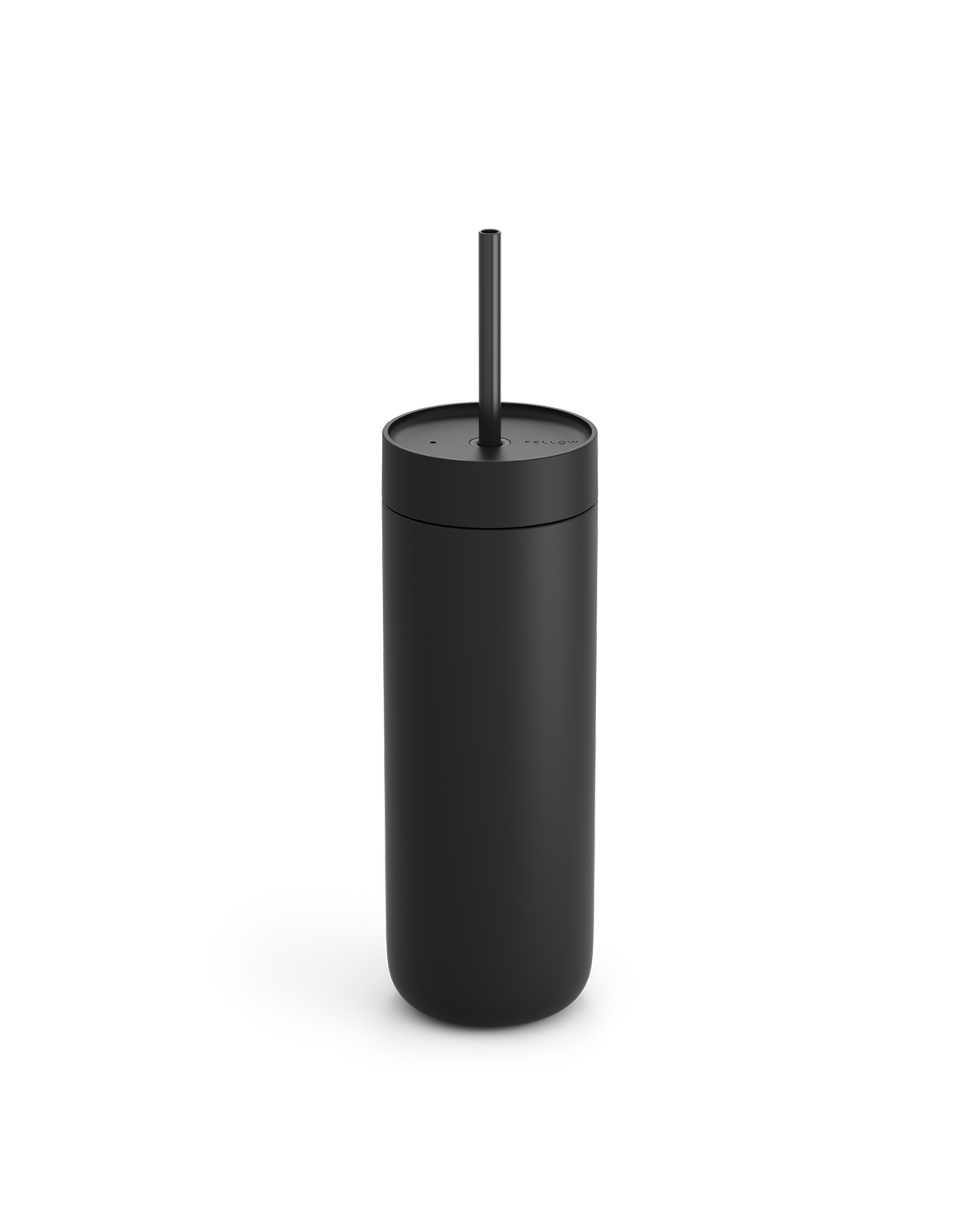 Fellow Carter Cold Tumbler in matte black with lid and straw on a plain white background.