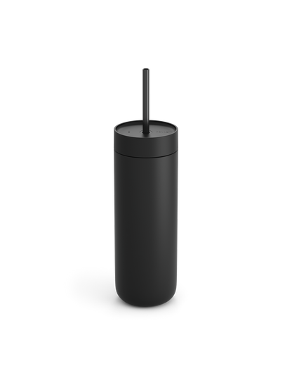 Fellow Carter Cold Tumbler in matte black with lid and straw on a plain white background.