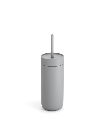 Fellow Carter Cold Tumbler, gray, with lid and straw, shown on a white background.