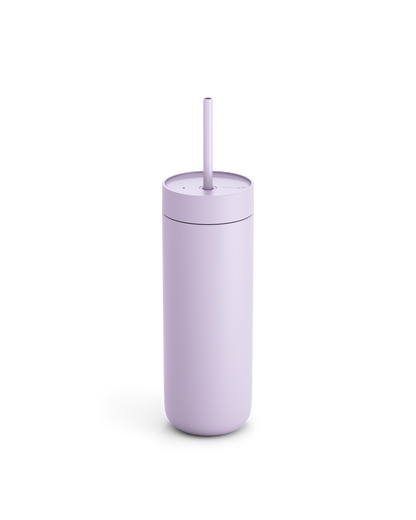 Fellow Carter Cold Tumbler in lavender with straw on a white background.