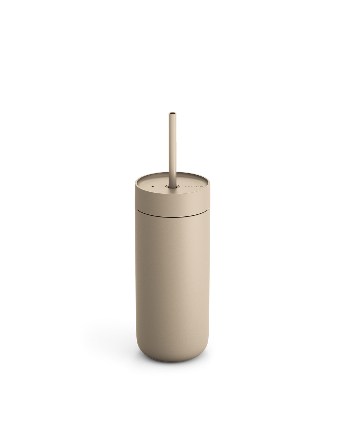 Fellow Carter Cold Tumbler in beige with lid and straw shown on a white background.