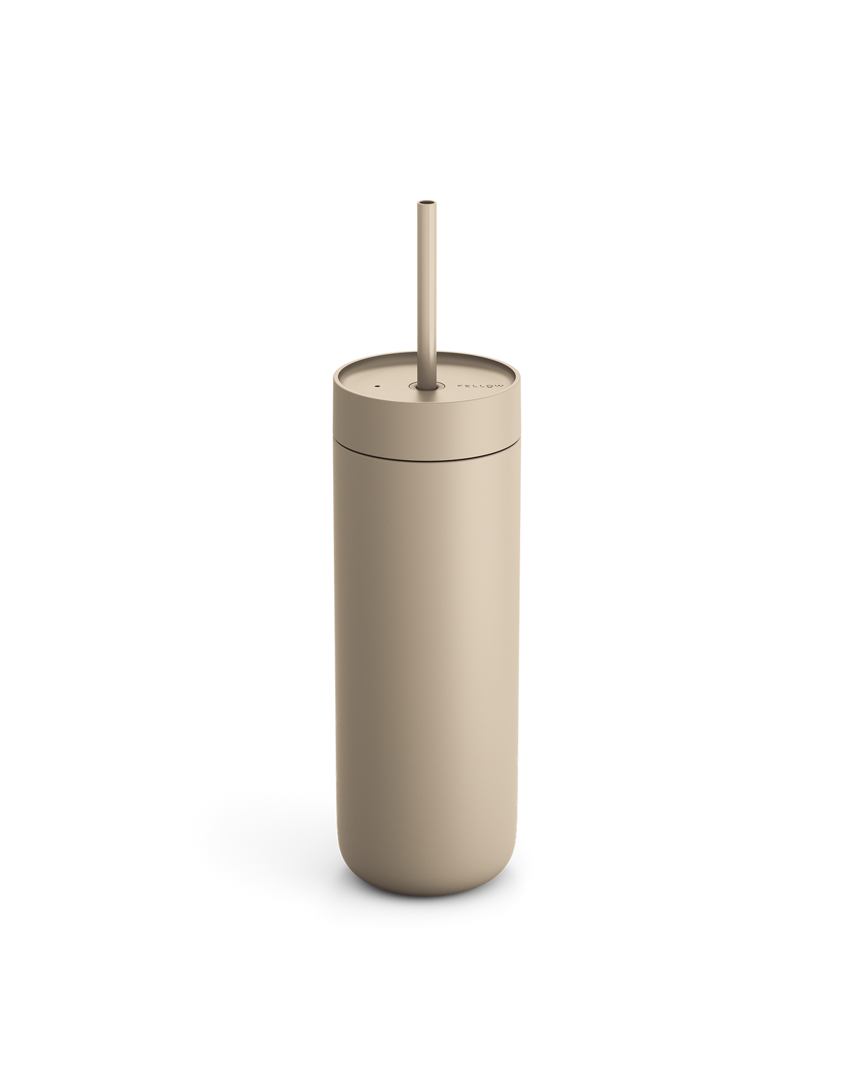Fellow Carter Cold Tumbler in matte beige with lid and straw on a white background.