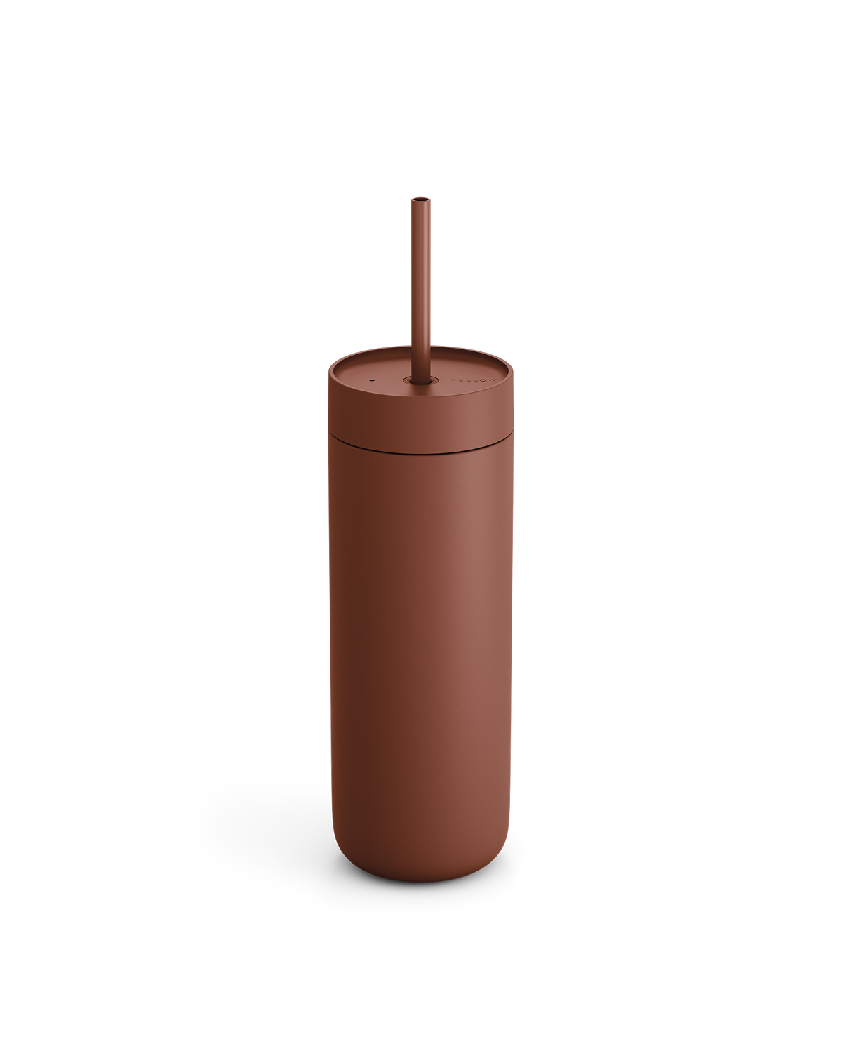 Fellow Carter Cold Tumbler in matte brown with lid and straw on a white background.