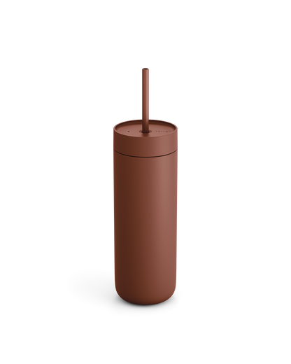 Fellow Carter Cold Tumbler in matte brown with lid and straw on a white background.