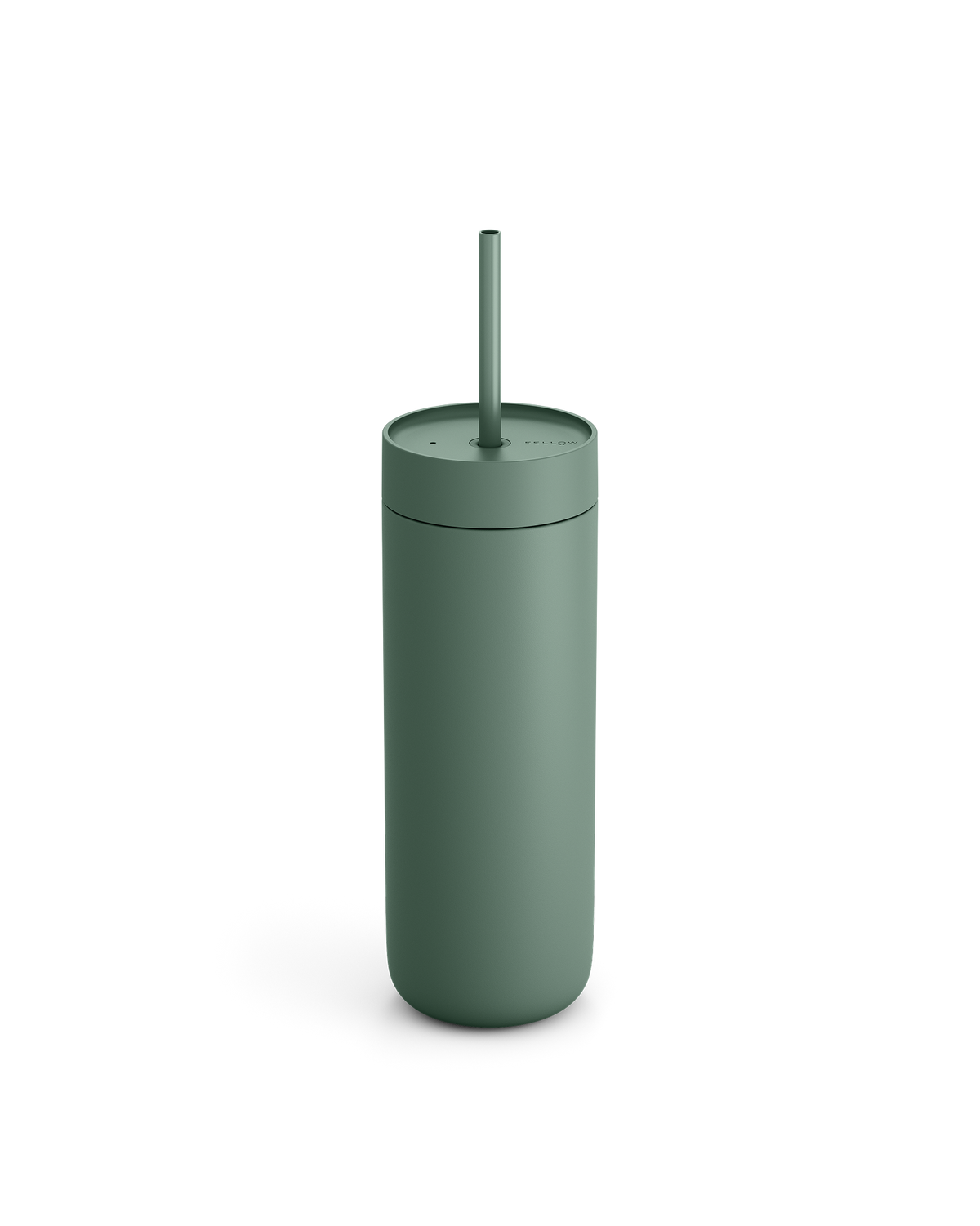 Fellow Carter Cold Tumbler in matte green with lid and straw, shown on a white background.