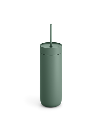 Fellow Carter Cold Tumbler in matte green with lid and straw, shown on a white background.
