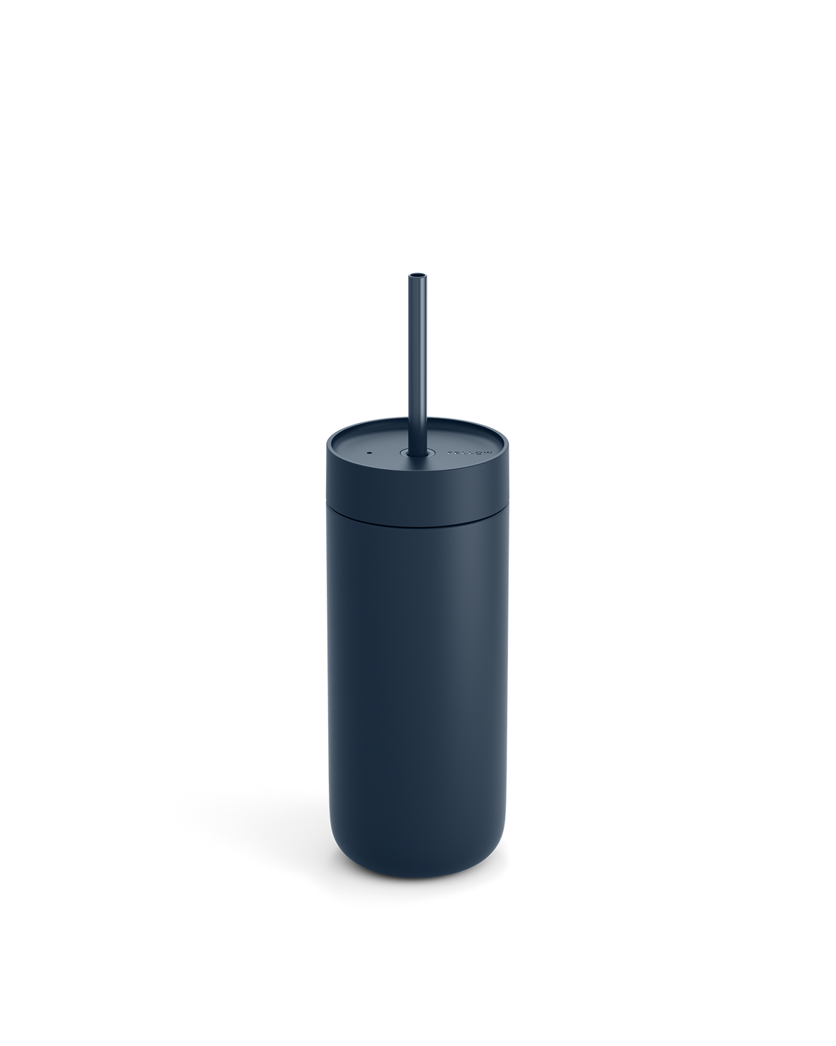 Fellow Carter Cold Tumbler in dark blue with lid and straw on a plain white background.