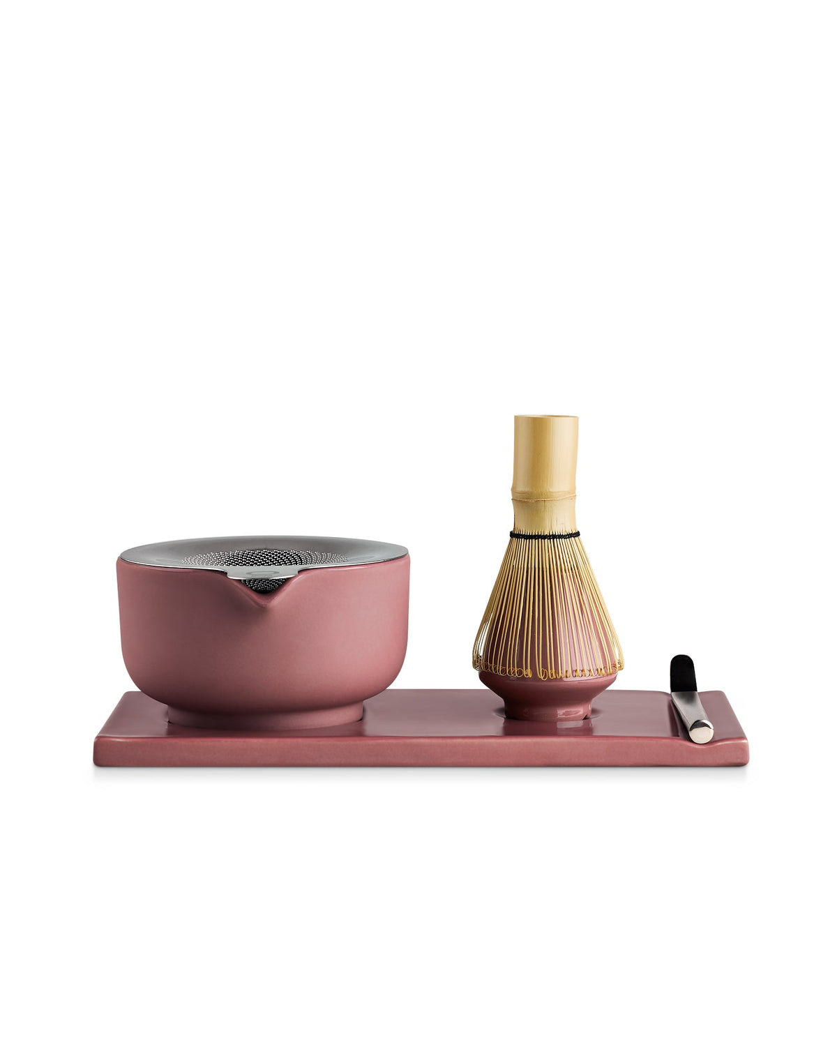 Fellow Matcha Set: pink, handmade ceramic bowl, bamboo whisk, scoop & tray.