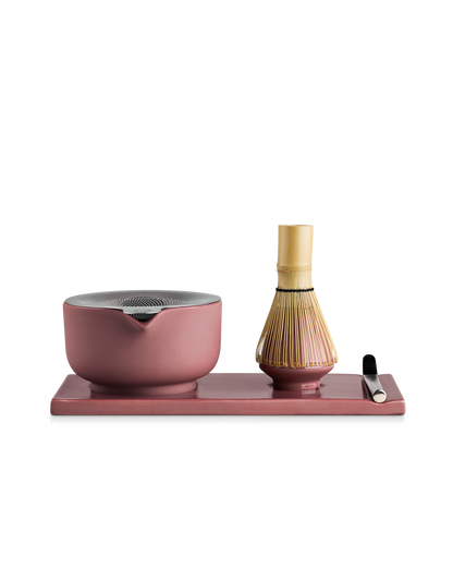Fellow Matcha Set in Desert Rose with bamboo whisk and handmade bowl on white background.
