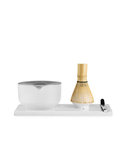 Fellow Matcha Set: handmade ceramic bowl, bamboo whisk, scoop & tray on white background.