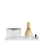 Fellow Matcha Set with handmade ceramic bowl, bamboo whisk, scoop, and tray.