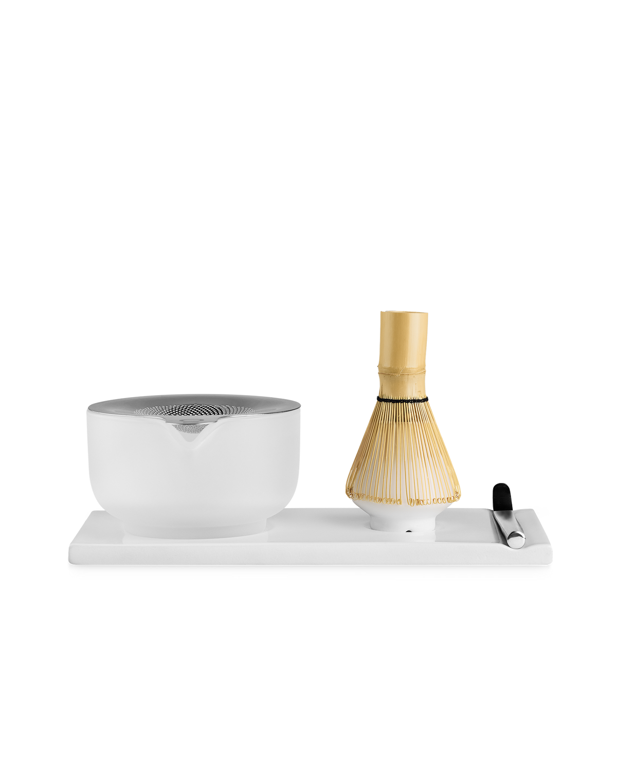 Fellow Matcha Set in Matte White with handmade bowl, bamboo whisk, scoop, and tray.