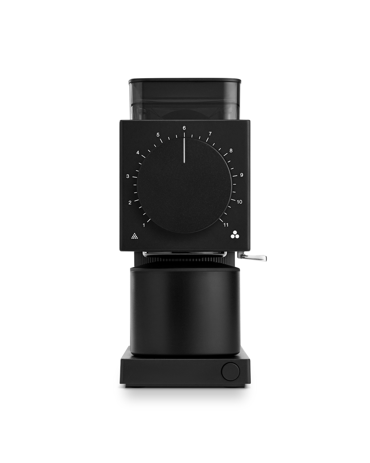 Matte Black Fellow Ode Brew Grinder Gen 2, front view on white background with numbered dial.