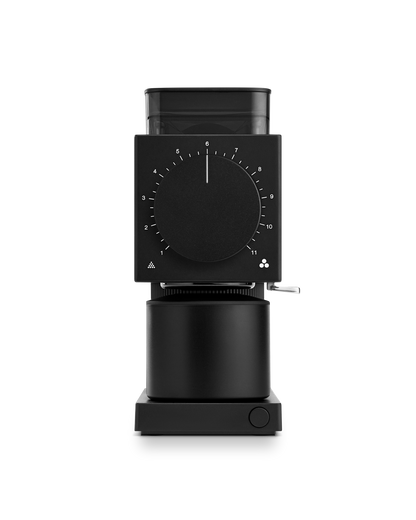 Matte Black Fellow Ode Brew Grinder Gen 2, front view on white background with numbered dial.