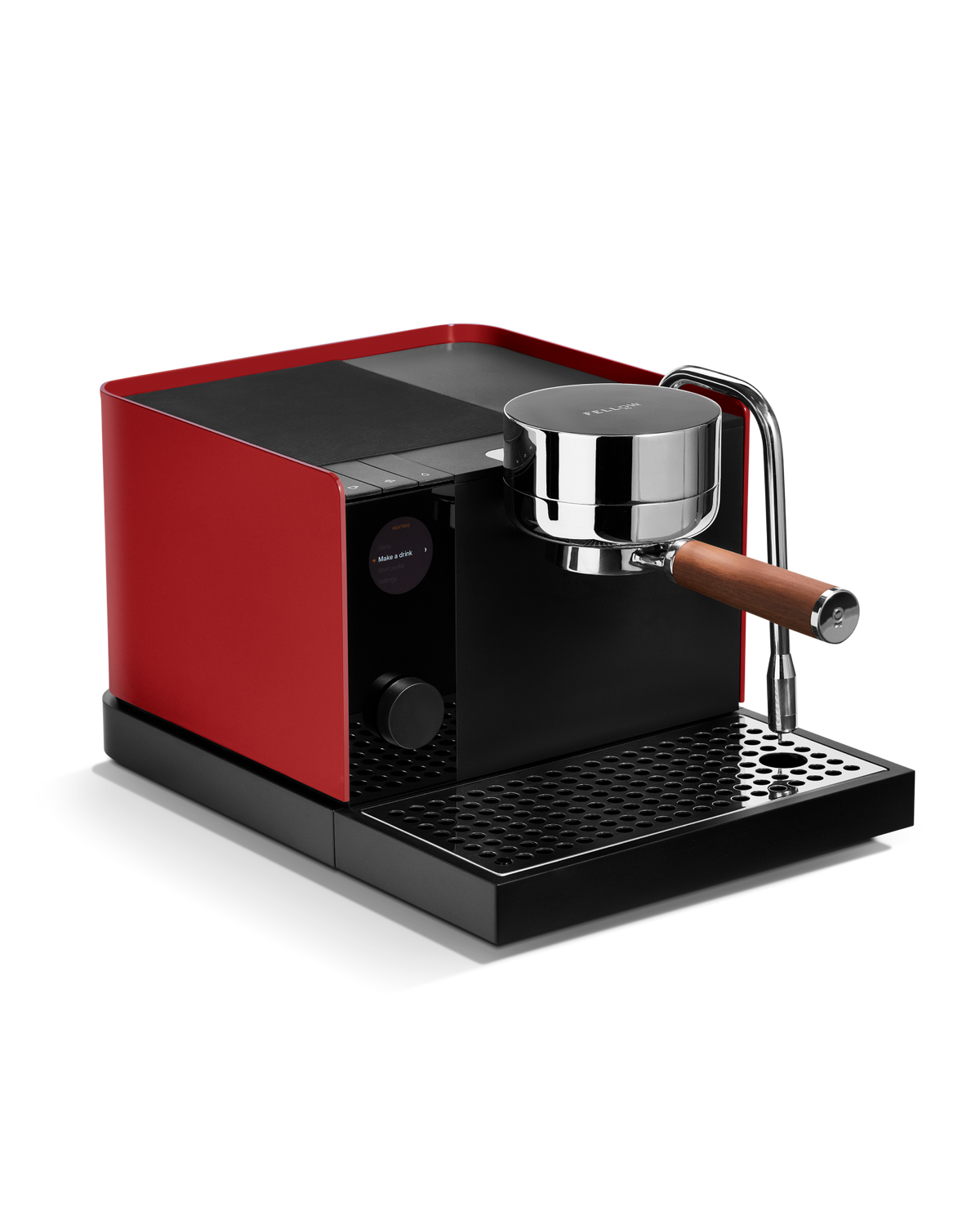 Fellow Espresso Series 1 in Cherry Red + Walnut features pressure control and wood portafilter.