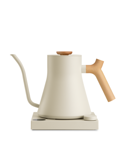 Fellow Stagg EKG Electric Kettle: fast-heating, matte, long spout, with wooden handle.