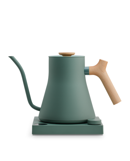 Fellow Stagg EKG matte green kettle, wood handle, temp control, matching electric base.