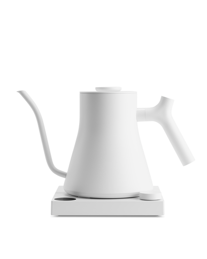 Fellow Stagg EKG: a minimalist white electric kettle with variable temperature control.
