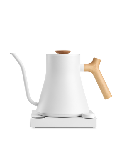 Fellow Stagg EKG electric kettle, wood handle, fast heating, displayed on white background.