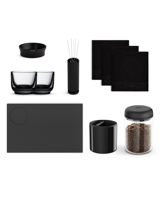 Fellow Complete Espresso Bundle: cups, napkins, tray, canister & accessories for black coffee.