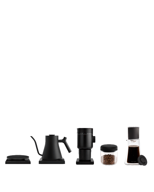 Five sleek Fellow brew bar tools and jars for perfect coffee, arranged in a row.