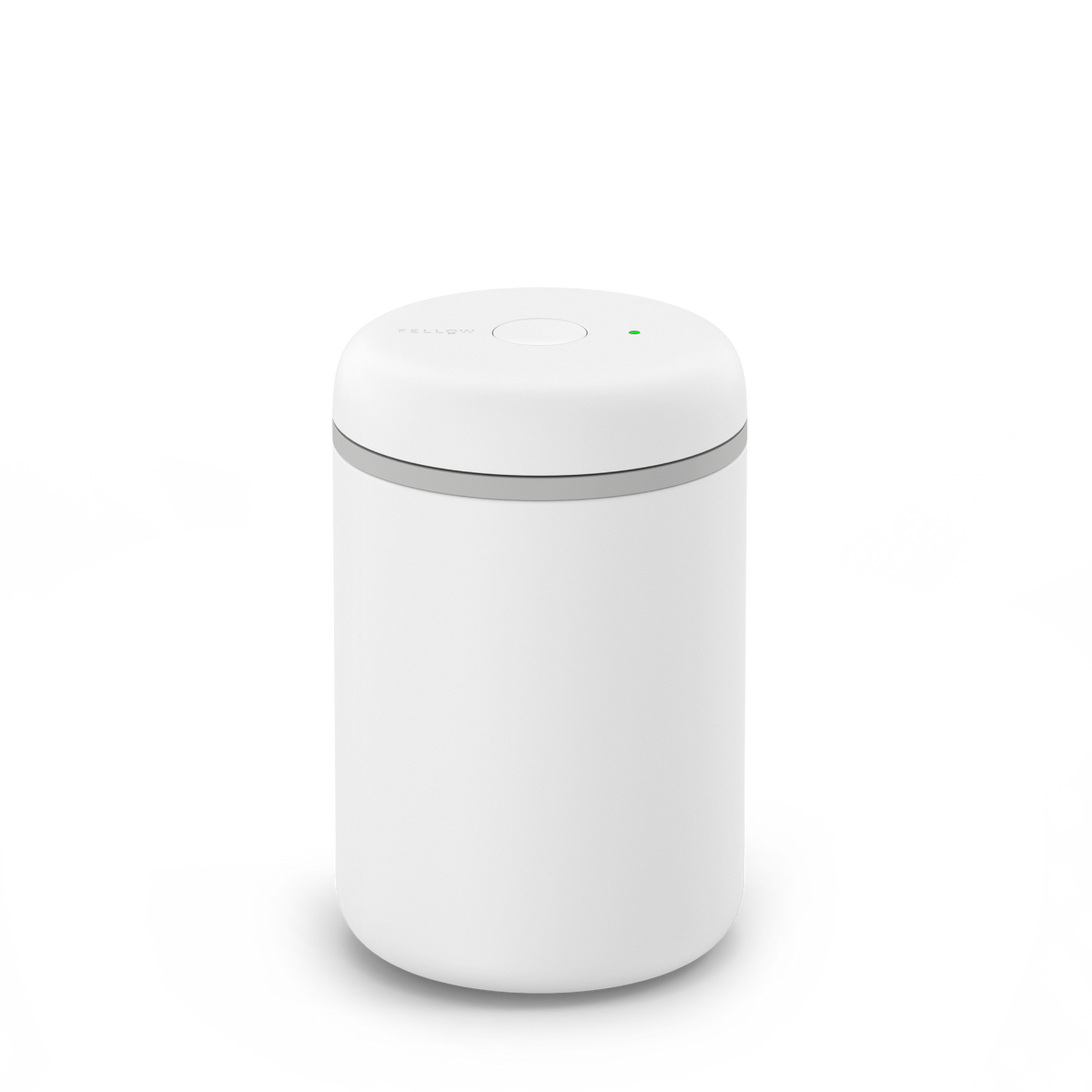 A small, matte white Fellow Atmos Vacuum Canister featuring a button and top indicator light.