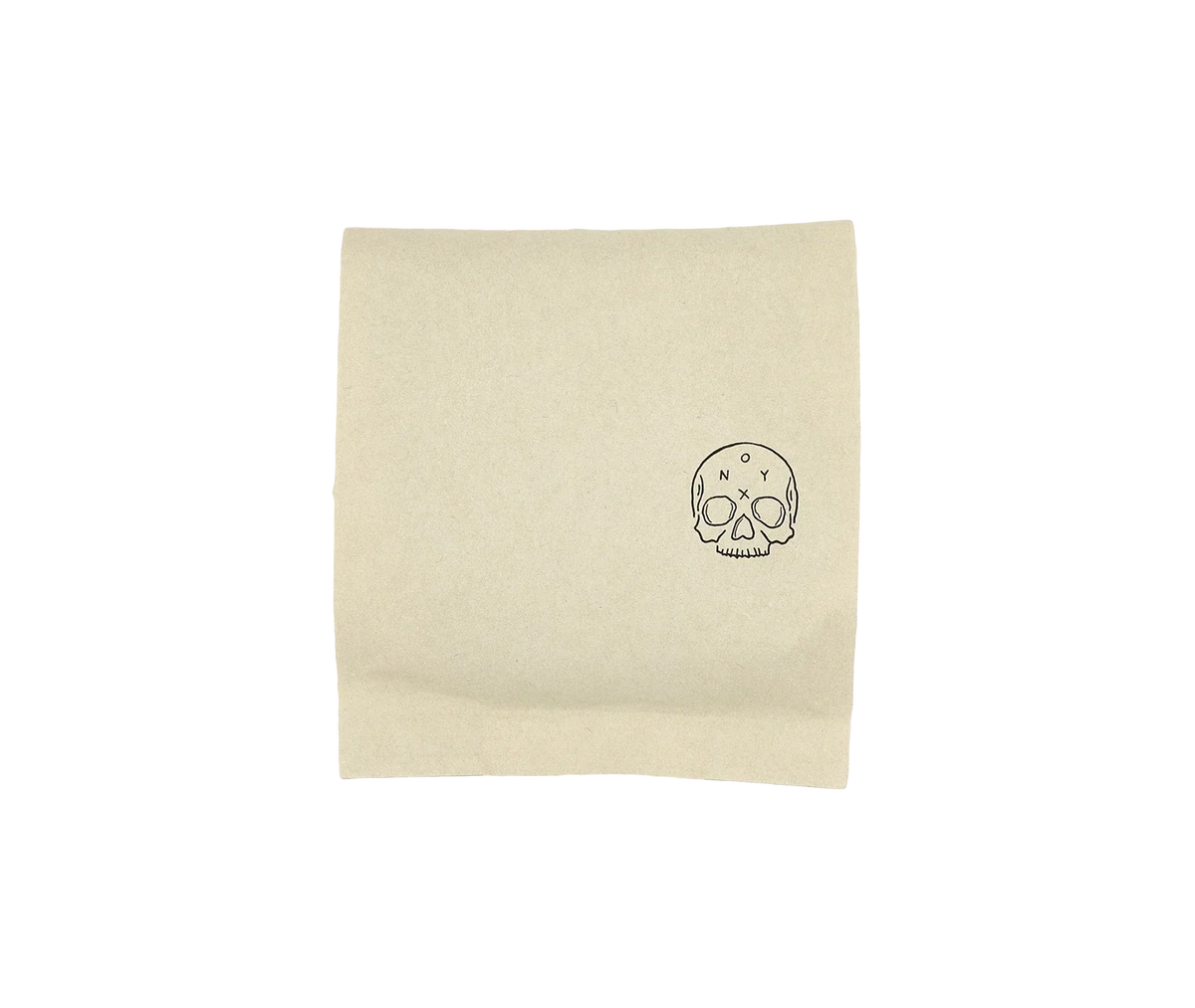 A beige Monarch napkin with skull and crossbones—perfect for your Onyx Coffee Lab coffee.